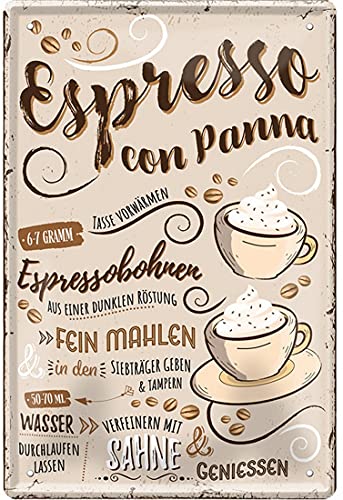 Kaffee Sorten Zubereitung Rezept Retro Deko Blechschild Coffee Bar Bistro Restaurant (20 x 30 cm, Espresso Con Panna - Espressobohnen Mahlen Sahne 2266) von WOGEKA ART