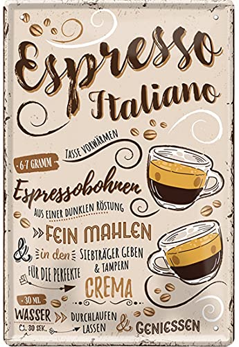 Kaffee Sorten Zubereitung Rezept Retro Deko Blechschild Coffee Bar Bistro Restaurant (20 x 30 cm, Espresso Italiano - Espressobohnen Mahlen tampern Crema 2267) von WOGEKA ART
