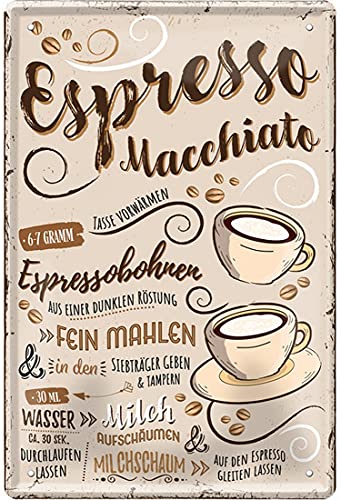 Kaffee Sorten Zubereitung Rezept Retro Deko Blechschild Coffee Bar Bistro Restaurant (20 x 30 cm, Espresso Macchiato - Espressobohnen Milch Milchschaum 2265) von WOGEKA ART