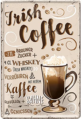 Kaffee Sorten Zubereitung Rezept Retro Deko Blechschild Coffee Bar Bistro Restaurant (20 x 30 cm, Irish Coffee - Brauner Zucker Whiskey Kaffee Sahne 2268) von WOGEKA ART