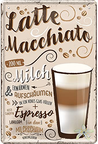 Kaffee Sorten Zubereitung Rezept Retro Deko Blechschild Coffee Bar Bistro Restaurant (20 x 30 cm, Latte Macchiato - Milch aufschäumen Milchschaum Espresso 2270) von WOGEKA ART