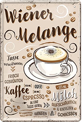 Kaffee Sorten Zubereitung Rezept Retro Deko Blechschild Coffee Bar Bistro Restaurant (20 x 30 cm, Wiener Melange - Kaffee Milchschaum Schokostreusel Vanille 2273) von WOGEKA ART