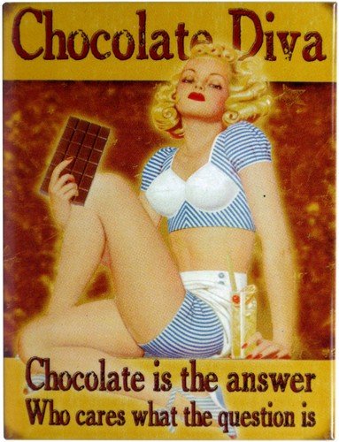 Kühlschrank Metall Magnet 6x8 cm Pinup Girl mit Schokolade Nostalgie Tin Sign EMAG213 von WOGEKA ART