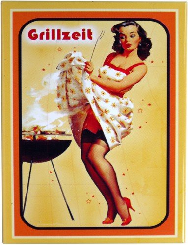 Kühlschrank Metall Magnet 6x8 cm Pinup Grillzeit Nostalgie Tin Sign EMAG90 von WOGEKA ART