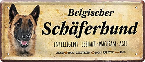 Lustiges Deko Hunde-Rassen Steckbrief Blech-Schild Blechschilder Dog (28 x 12 cm, Belgischer Schäferhund - Intelligent Lebhaft Wachsam Agil 2275) von WOGEKA ART