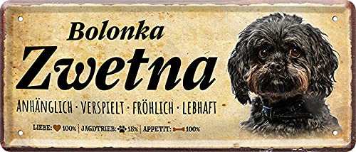 Lustiges Deko Hunde-Rassen Steckbrief Blech-Schild Blechschilder Dog (28 x 12 cm, Bolonka Zwetna Braun - Anhänglich Verspielt Fröhlich Lebhaft 2276) von WOGEKA ART