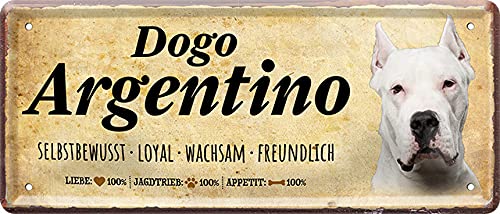 Lustiges Deko Hunde-Rassen Steckbrief Blech-Schild Blechschilder Dog (28 x 12 cm, Dogo Argentino -Selbstbewusst Wachsam Freundlich 167) von WOGEKA ART