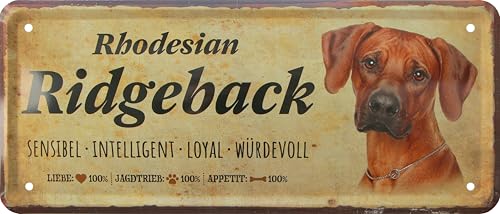 WOGEKA ART Retro Blechschild - Rhodesian Ridgeback Hunde-Rassen Steckbrief - witziger Spruch als Geschenk-Idee Geburtstag Weihnachten Dekoration 28x12 cm Vintage-Design Metall 1257 von WOGEKA ART