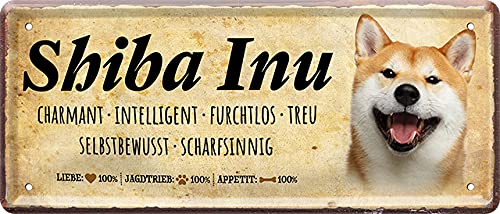 Lustiges Deko Hunde-Rassen Steckbrief Blech-Schild Blechschilder Dog (28 x 12 cm, Shiba Inu - Charmant Furchtlos Treu Scharfsinnig 1321) von WOGEKA ART