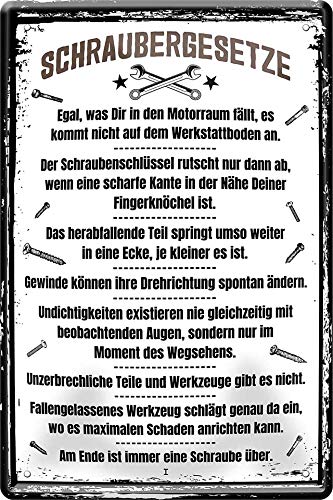 WOGEKA ART Retro Blechschild - Schraubergesetze Werkstatt Garage Hobbyraum - witziger Spruch als Geschenk-Idee Geburtstag Weihnachten Dekoration 20x30 cm Vintage-Design Metall 285 von WOGEKA ART