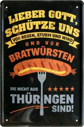 WOGEKA ART Retro Blechschild - Schütze Uns vor Bratwürsten, die Nicht aus Thüringen sind - witziger Spruch Geschenk-Idee Geburtstag Weihnachten Dekoration 20x30 cm Vintage-Design 1147 von WOGEKA ART