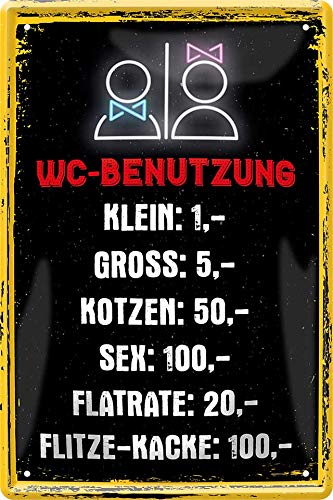 WOGEKA ART Retro Blechschild - WC-Benutzung Gebühren Klein, Groß - witziger Spruch als Geschenk-Idee zum Geburtstag Weihnachten zur Dekoration 20x30 cm Vintage-Design Metall 454 von WOGEKA ART