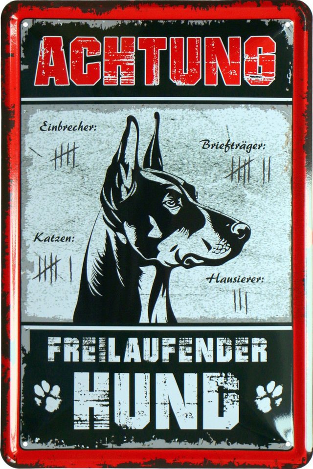 WOGEKA ART Metallbild Achtung freilaufender Hund - 20 x 30 cm Retro Blechschild, Blech1401, Metallschild Wanddeko Schild Wandbild Türschild von WOGEKA ART