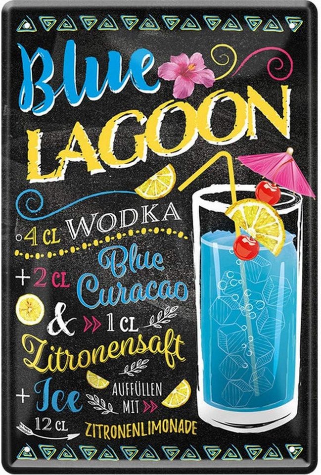 WOGEKA ART Metallbild Blue Lagoon - Cocktail Curacao - 20 x 30 cm Retro Blechschild Bar von WOGEKA ART