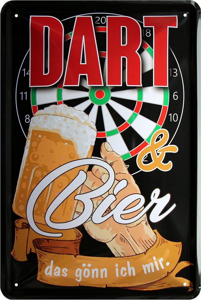 WOGEKA ART Metallbild Dart und Bier gönn ich mir - 20 x 30 cm Retro Blechschild, Metallschild Wanddeko Spruch Schild Wandbild Dartscheibe Hobbyraum von WOGEKA ART