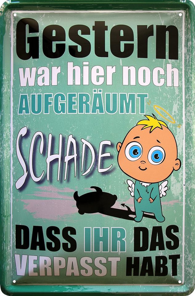 WOGEKA ART Metallbild Gestern war noch aufgeräumt - 20 x 30 cm Retro Blechschild, Metallschild Wanddeko Spruch Schild Wandbild Türschild Kinderzimmer von WOGEKA ART