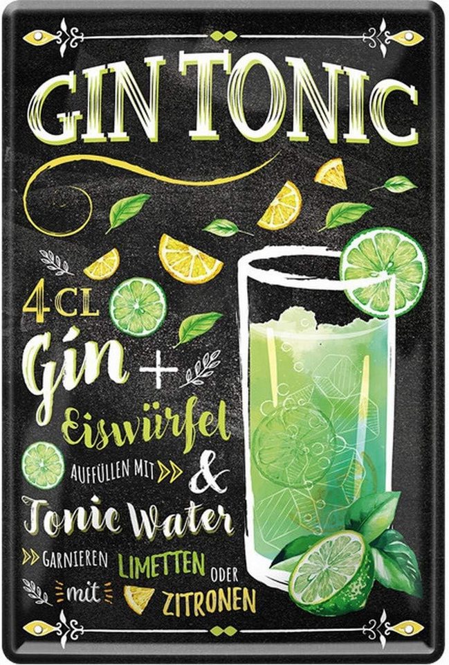 WOGEKA ART Metallbild Gin Tonic - Cocktail Rezept - 20 x 30 cm Retro Blechschild Bar von WOGEKA ART