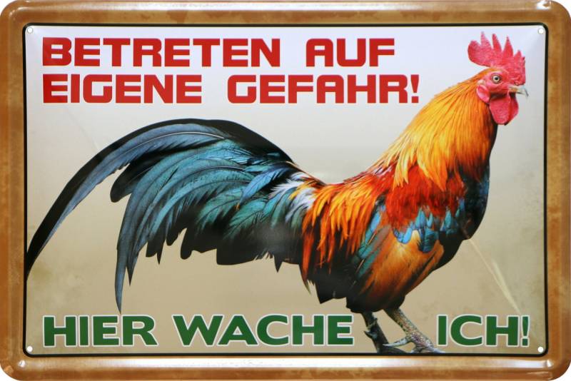 WOGEKA ART Metallbild Hahn - Hier wache ich - 20 x 30 cm Retro Blechschild, Metallschild Wanddeko Spruch Schild Wandbild Hühnerstall von WOGEKA ART