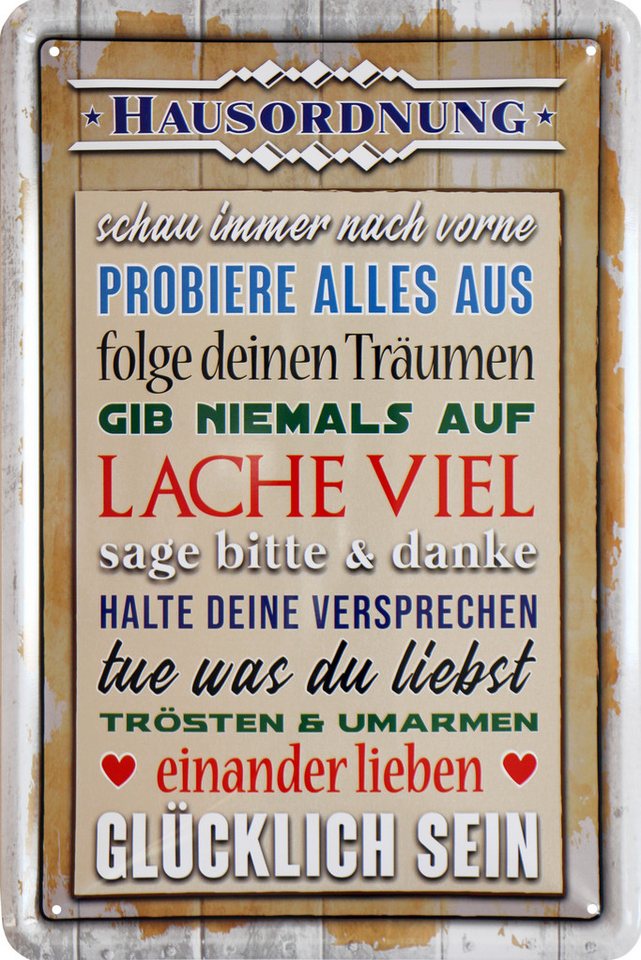 WOGEKA ART Metallbild Hausordnung - glücklich sein - 20 x 30 cm Retro Blechschild, Metallschild Wanddeko Spruch Schild Wandbild Zuhause von WOGEKA ART