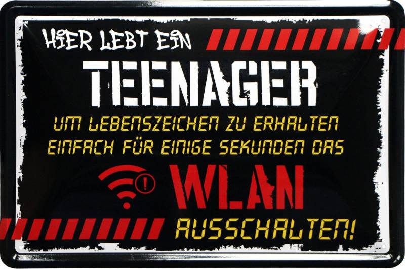 WOGEKA ART Metallbild Hier lebt ein Teenager - 20 x 30 cm Retro Blechschild, Blech465, Metallschild Wanddeko Spruch Schild Wandbild Türschild Kinderzimmer von WOGEKA ART