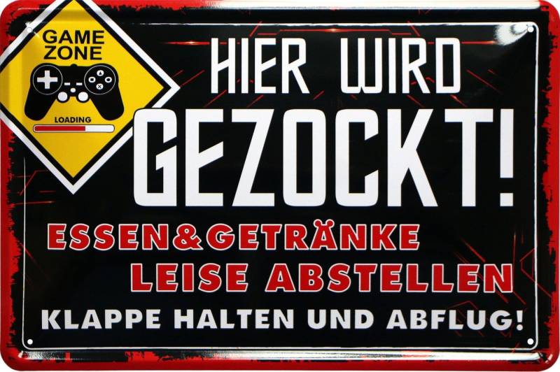 WOGEKA ART Metallbild Hier wird gezockt - 20 x 30 cm Retro Blechschild, Blech348, Metallschild Wanddeko Schild Wandbild Türschild Zocken Gamer von WOGEKA ART