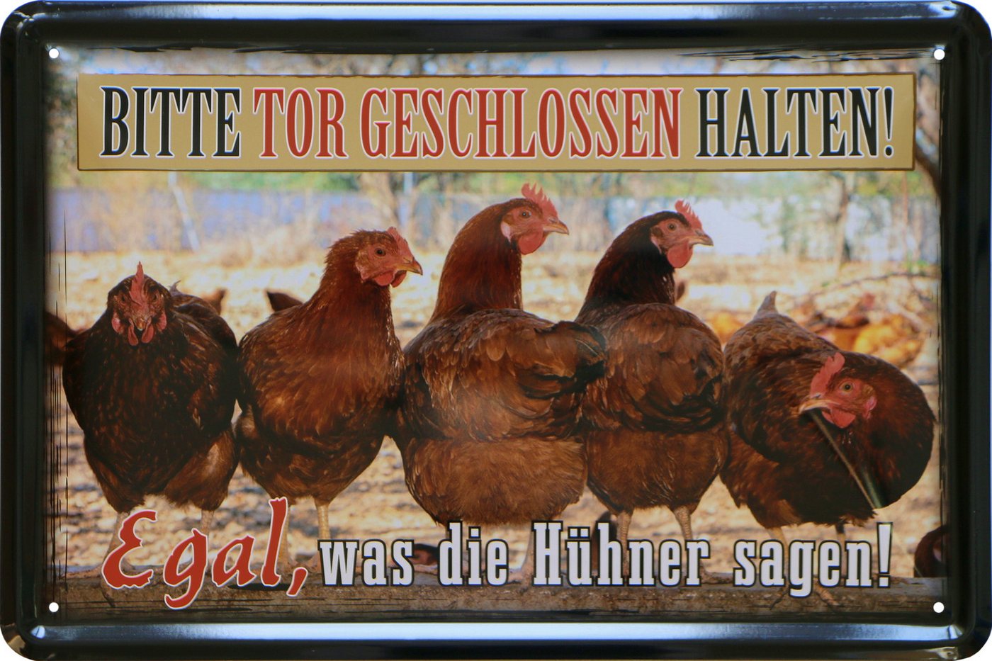 WOGEKA ART Metallbild Hühner - Tor geschlossen halten - 20 x 30 cm Retro Blechschild, Metallschild Wanddeko Spruch Schild Wandbild Camping Huhn Hühnerstall von WOGEKA ART