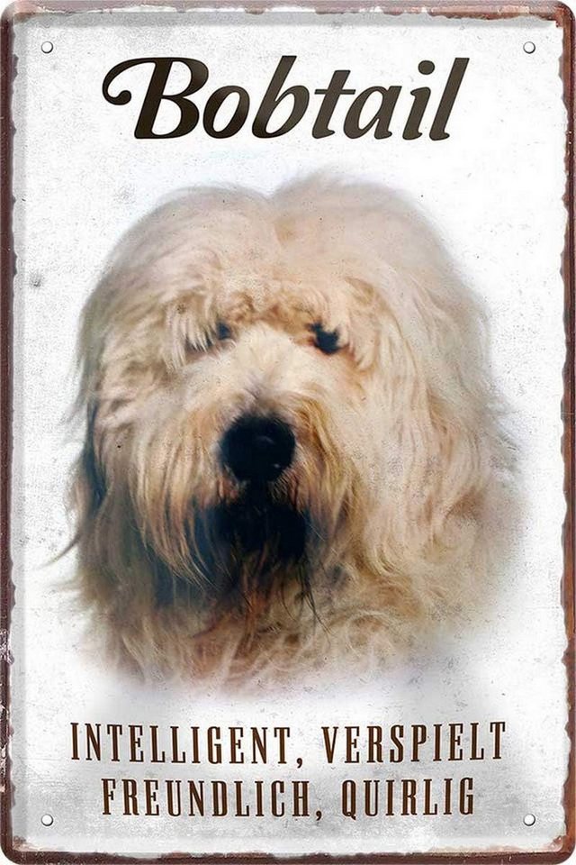 WOGEKA ART Metallbild Hunde-Rassen Steckbrief 20 x 30 cm Blechschild Haustier Hund Deko, Bobtail von WOGEKA ART