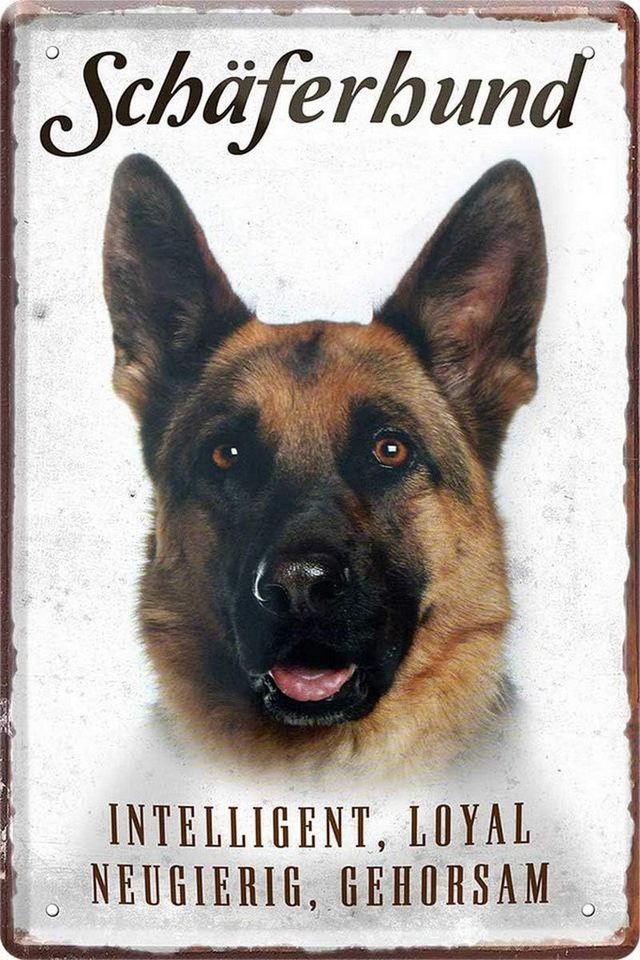 WOGEKA ART Metallbild Hunde-Rassen Steckbrief 20 x 30 cm Blechschild Haustier Hund Deko, Schäferhund von WOGEKA ART