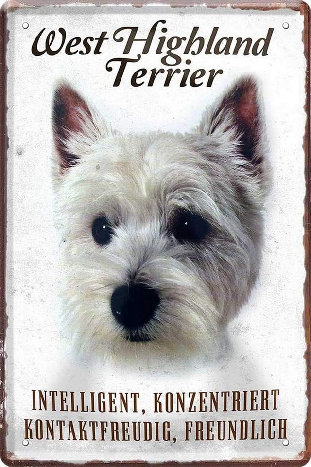 WOGEKA ART Metallbild Hunde-Rassen Steckbrief 20 x 30 cm Blechschild Haustier Hund Deko, West Highland Terrier von WOGEKA ART