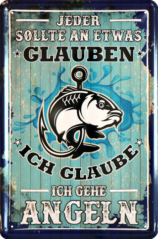 WOGEKA ART Metallbild Ich glaub, ich geh angeln - 20 x 30 cm Retro Blechschild, Metallschild Wanddeko Spruch Schild Wandbild Angler Petri Heil von WOGEKA ART
