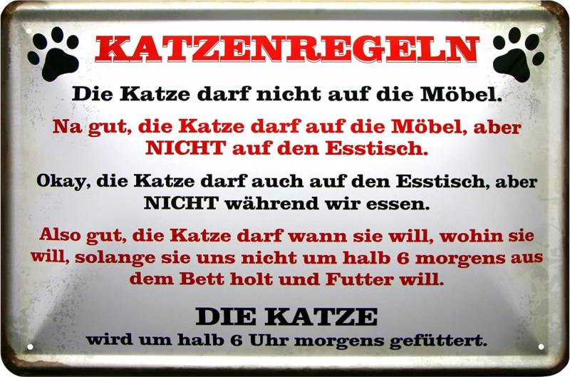 WOGEKA ART Metallbild Katzen-Regeln - 20 x 30 cm Retro Blechschild Haustier, Metallschild Wanddeko Spruch Schild Wandbild Zuhause von WOGEKA ART