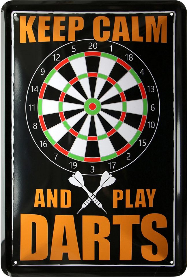 WOGEKA ART Metallbild Keep calm and play Darts - 20 x 30 cm Retro Blechschild, Metallschild Wanddeko Spruch Schild Wandbild Hobbyraum Dartscheibe von WOGEKA ART