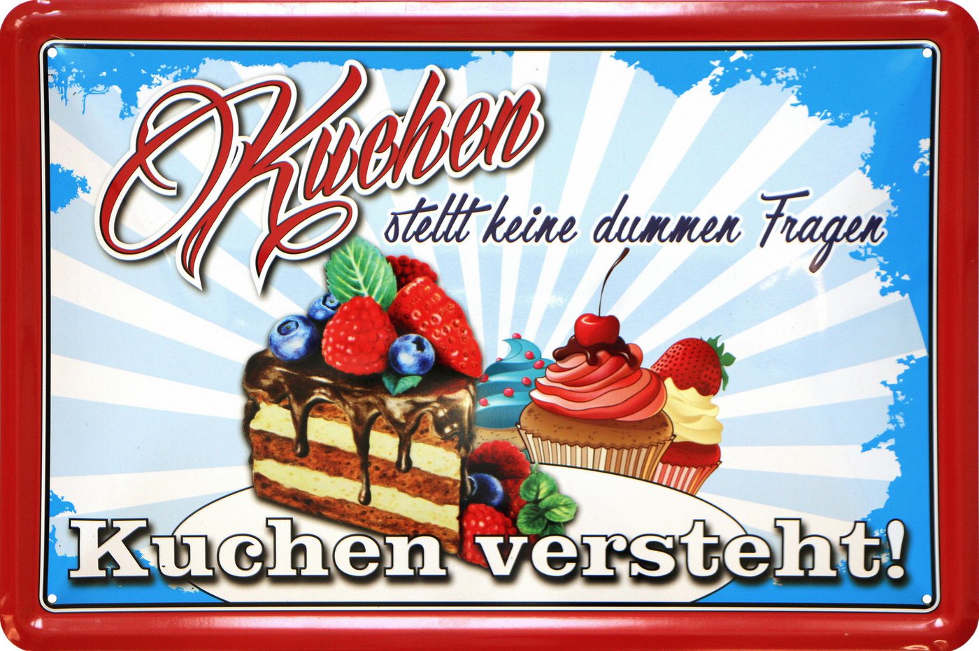 WOGEKA ART Metallbild Kuchen stellt keine dummen Fragen - 20 x 30 cm Retro Blechschild, Metallschild Wanddeko Spruch Schild Wandbild Fun Süßes von WOGEKA ART