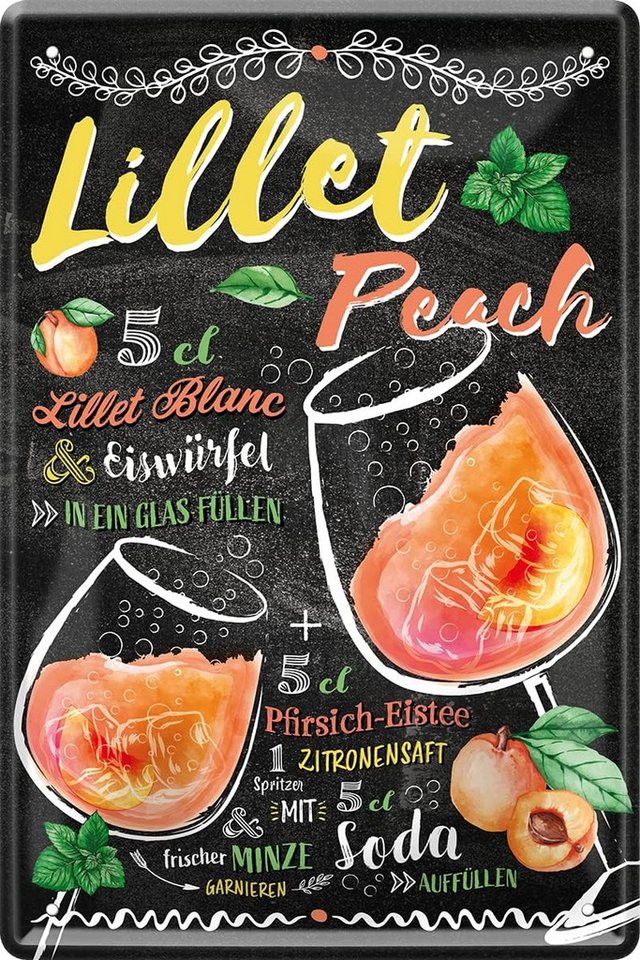 WOGEKA ART Metallbild LILLET Peach - Cocktail Rezept - 20 x 30 cm Retro Blechschild Bar von WOGEKA ART