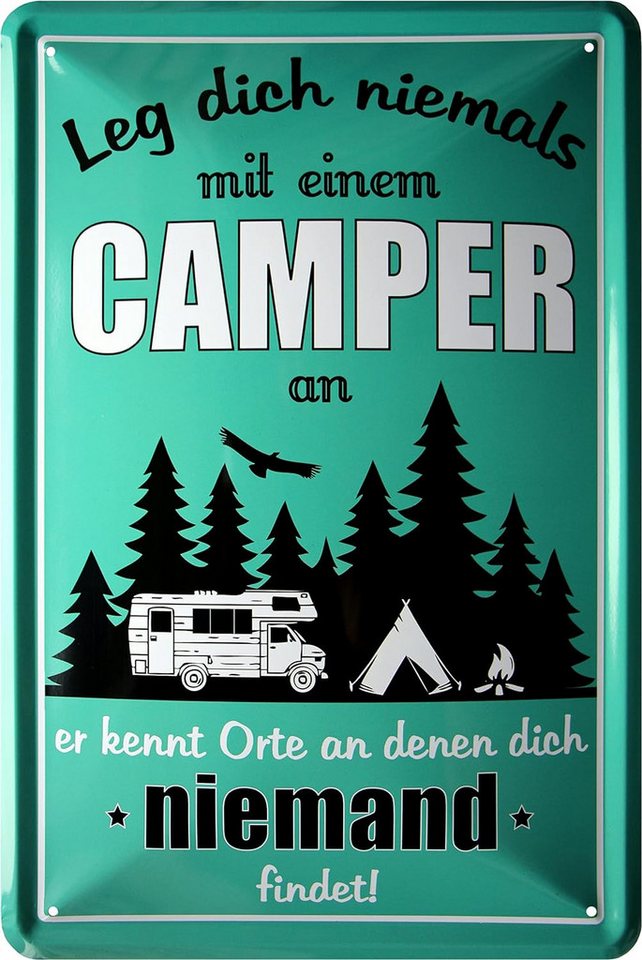 WOGEKA ART Metallbild Leg dich niemals mit einem Camper an - 20 x 30 cm Retro Blechschild, Metallschild Wanddeko Spruch Schild Wandbild Camping Zelten von WOGEKA ART