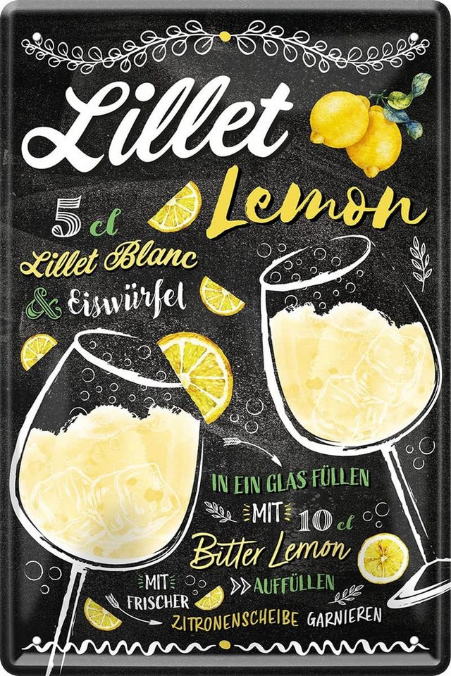 WOGEKA ART Metallbild Lillet Lemon - Cocktail Rezept - 20 x 30 cm Retro Blechschild Bar von WOGEKA ART