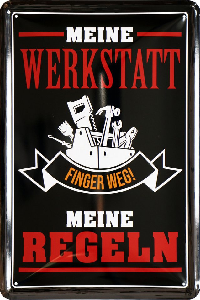 WOGEKA ART Metallbild Meine Werkstatt - Meine Regeln - 20 x 30 cm Retro Blechschild, Metallschild Wanddeko Spruch Schild Wandbild Garage Schrauber Werkzeug von WOGEKA ART