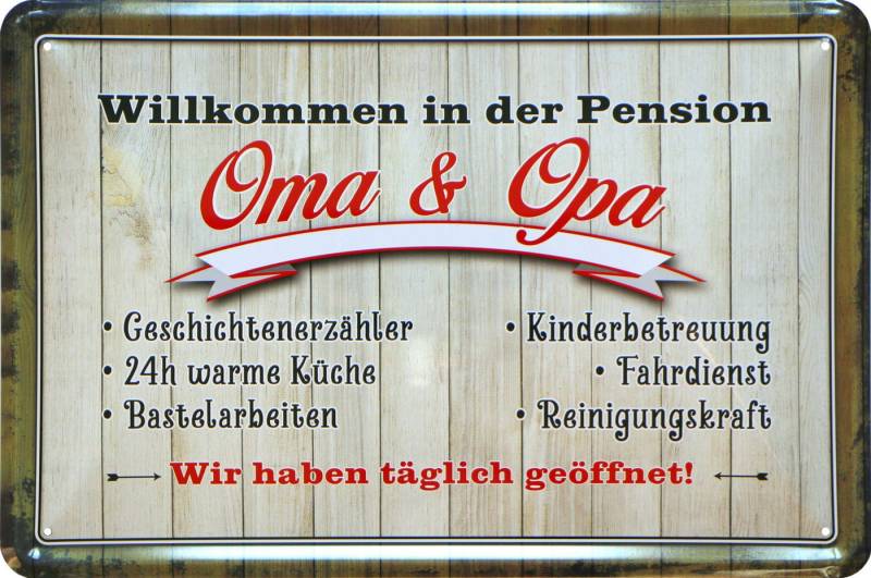 WOGEKA ART Metallbild Pension Oma und Opa - 20 x 30 cm Retro Blechschild, Metallschild Wanddeko Spruch Schild Wandbild Türschild Großeltern von WOGEKA ART