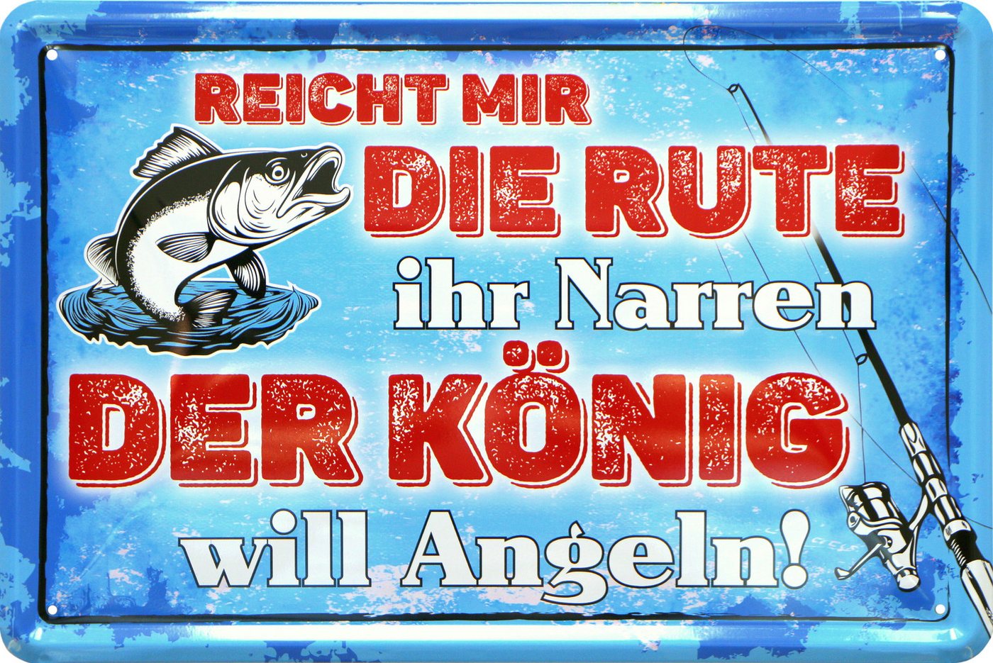 WOGEKA ART Metallbild Reicht mir die Rute - 20 x 30 cm Retro Blechschild Angler, Metallschild Wanddeko Spruch Schild Wandbild Fischen von WOGEKA ART