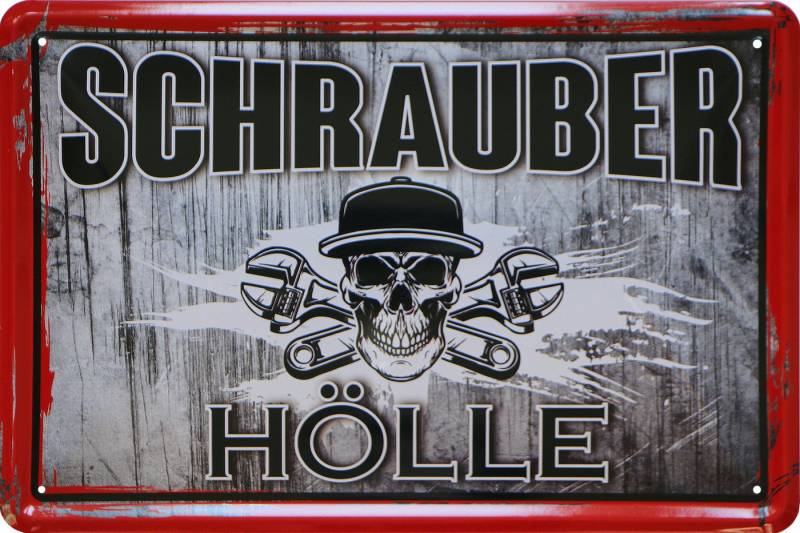 WOGEKA ART Metallbild Schrauberhölle - 20 x 30 cm Retro Blechschild Garage, Metallschild Wanddeko Spruch Schild Wandbild Werkstatt Schrauber von WOGEKA ART
