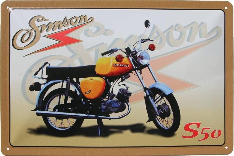 WOGEKA ART Metallbild Simson S50 - 20 x 30 cm Retro Blechschild DDR Moped, Metallschild Wanddeko Spruch Schild Wandbild Ostdeutschland Ossi von WOGEKA ART