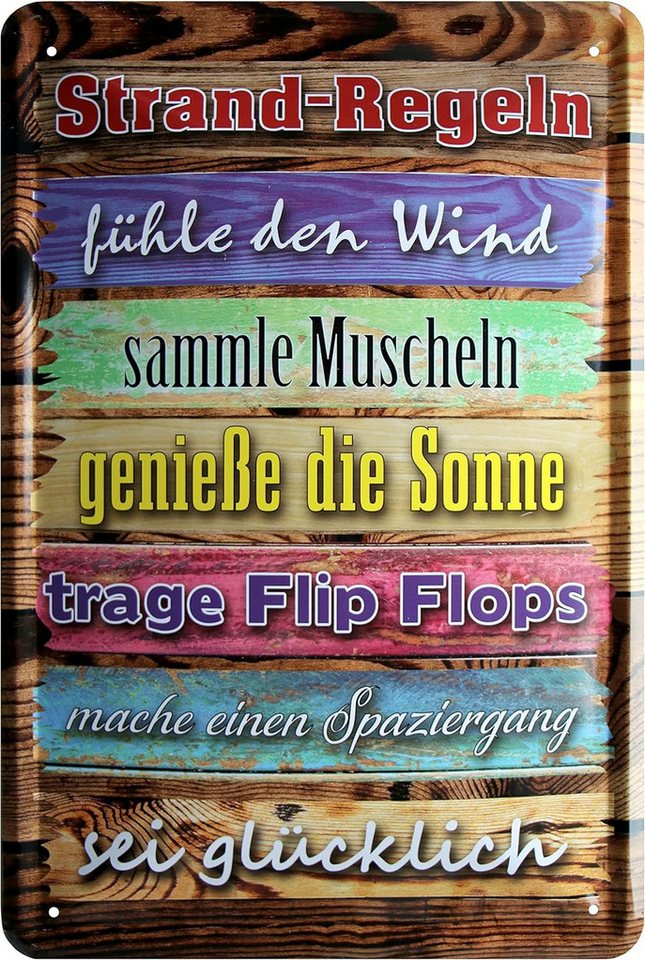 WOGEKA ART Metallbild Strand-Regeln - 20 x 30 cm Retro Blechschild Urlaub Meer, Metallschild Wanddeko Spruch Schild Wandbild Ostsee Nordsee von WOGEKA ART