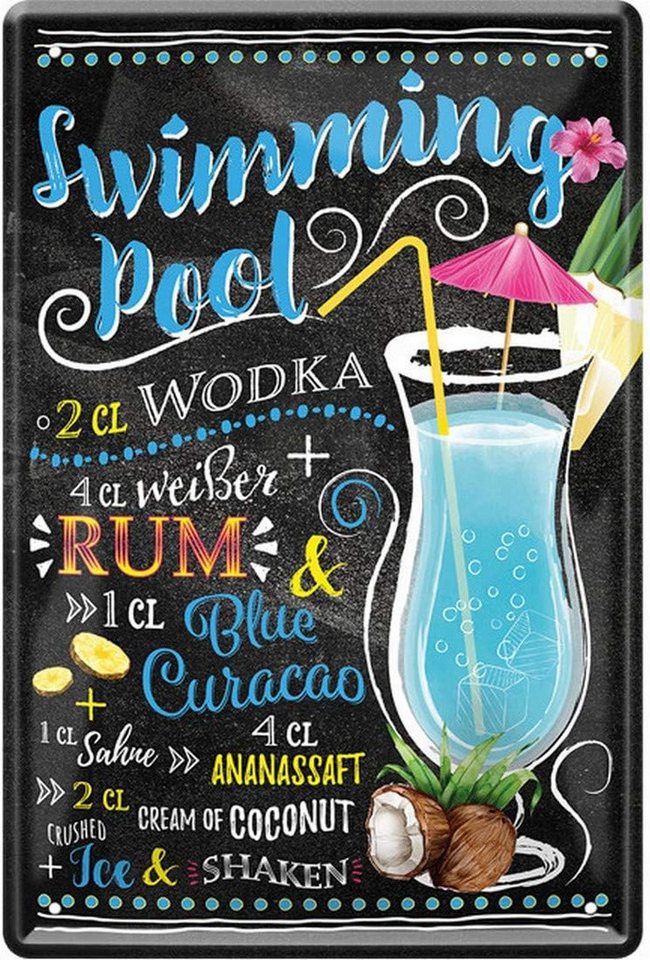 WOGEKA ART Metallbild Swimming Pool - Cocktail Wodka - 20 x 30 cm Retro Blechschild Bar von WOGEKA ART