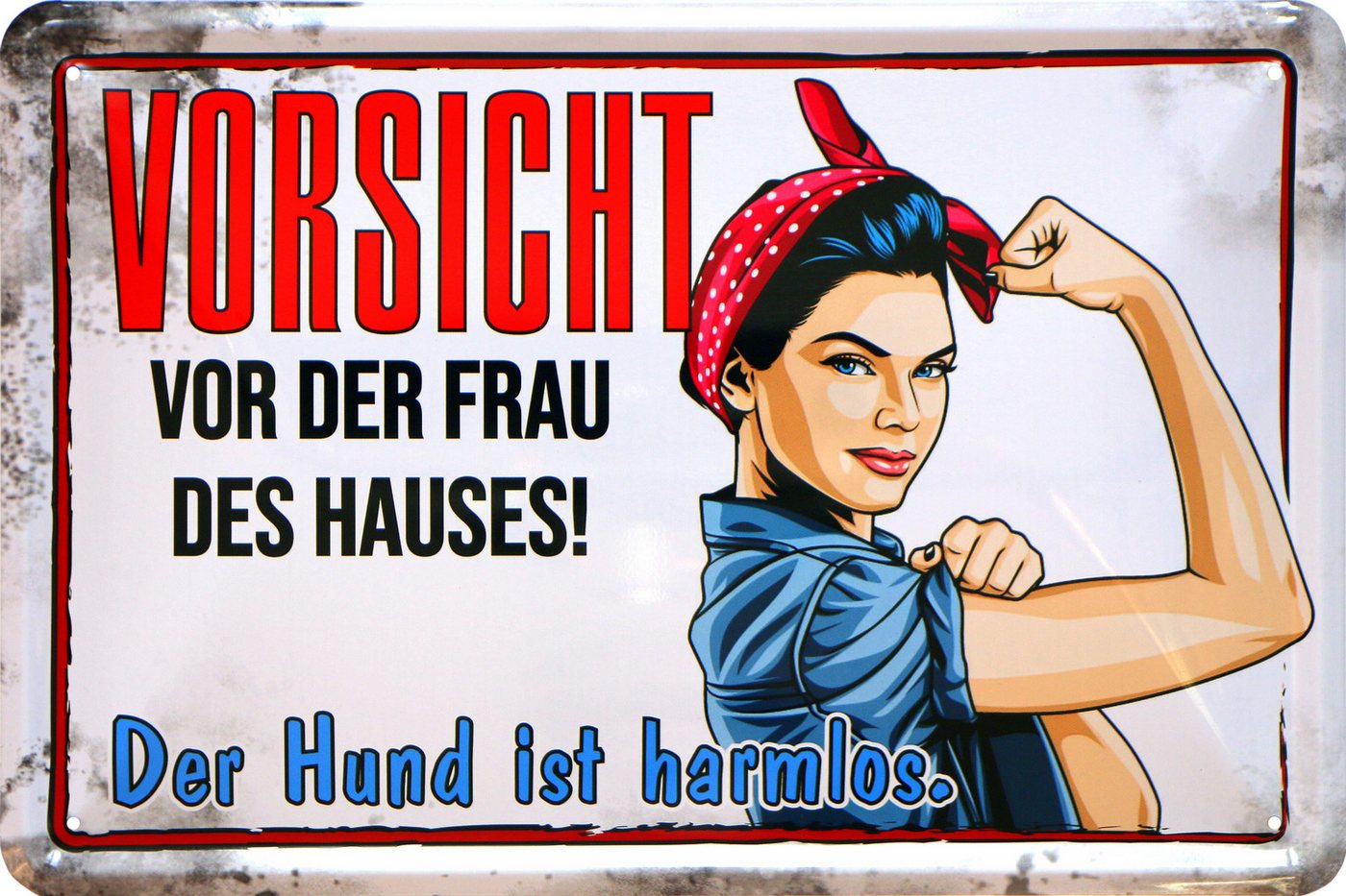 WOGEKA ART Metallbild Vorsicht vor der Frau des Hauses - 20 x 30 cm Retro Blechschild, Metallschild Wanddeko Spruch Schild Wandbild Türschild Haustür von WOGEKA ART