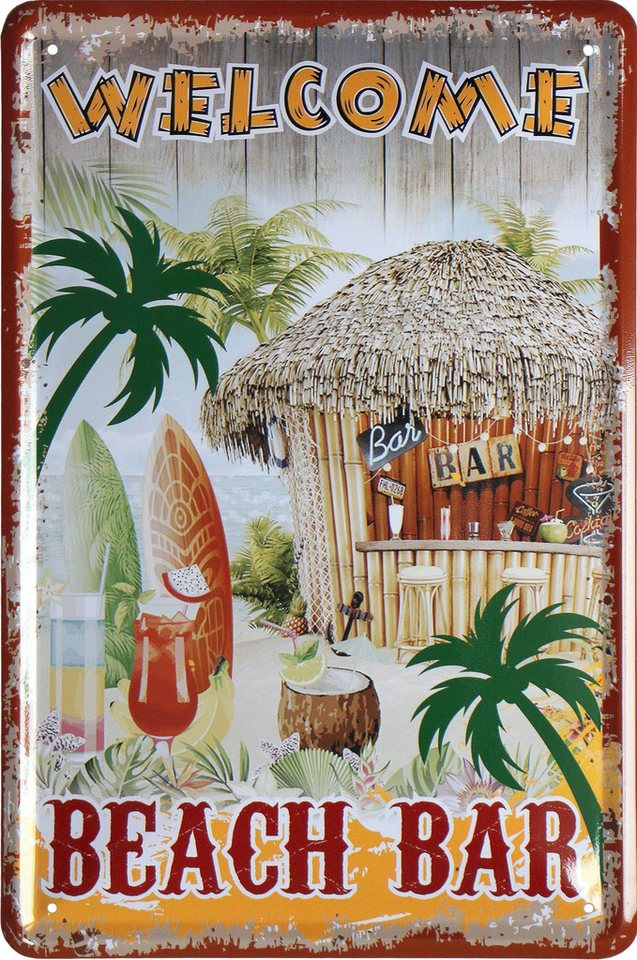 WOGEKA ART Metallbild Welcome Beach Bar - 20 x 30 cm Retro Blechschild, Blech1497, Metallschild Wanddeko Schild Wandbild Türschild Cocktails von WOGEKA ART