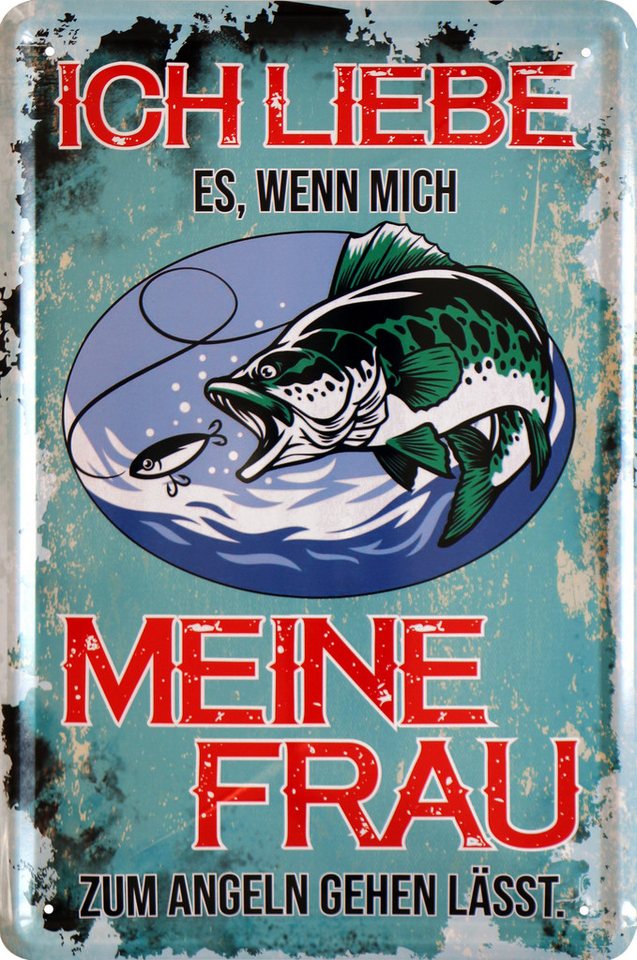 WOGEKA ART Metallbild liebe es, wenn Frau mich angeln lässt - 20 x 30 cm Retro Blechschild, Metallschild Wanddeko Spruch Schild Wandbild Angler Petri Heil von WOGEKA ART