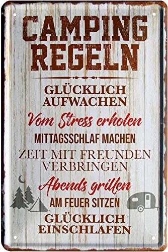 WOGEKA ART Retro Blechschild Camping Regeln - Glücklich aufwachen Camper als Geschenk-Idee 20 x 30 cm Vintage-Deko-Schild aus Metall 1157 von WOGEKA ART