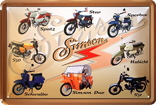 WOGEKA ART Retro Blechschild - DDR Moped Programm: SCHWALBE, STAR, SPATZ, SPERBER, S50 - Nostalgie Deko Schild als Geschenkidee für SIMSON Fans zu Geburtstag Weihnachten 20x30 cm Metallschild 843 von WOGEKA ART