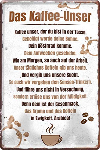 WOGEKA ART Retro Blechschild Das Kaffee-Unser: Geheiligt werde Deine Bohne witziger Spruch als Geschenk-Idee zum Geburtstag Weihnachten zur Dekoration 20x30 cm Vintage-Design aus Metall 733 von WOGEKA ART