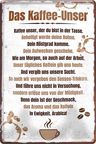 WOGEKA ART Retro Blechschild Das Kaffee-Unser: Geheiligt werde Deine Bohne witziger Spruch als Geschenk-Idee zum Geburtstag Weihnachten zur Dekoration 20x30 cm Vintage-Design aus Metall 733 von WOGEKA ART